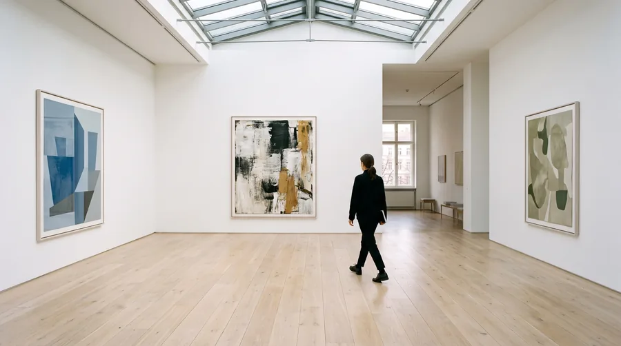 Una galería de cubo blanco con la luz de la mañana, una galerista pasa ante tres grandes lienzos